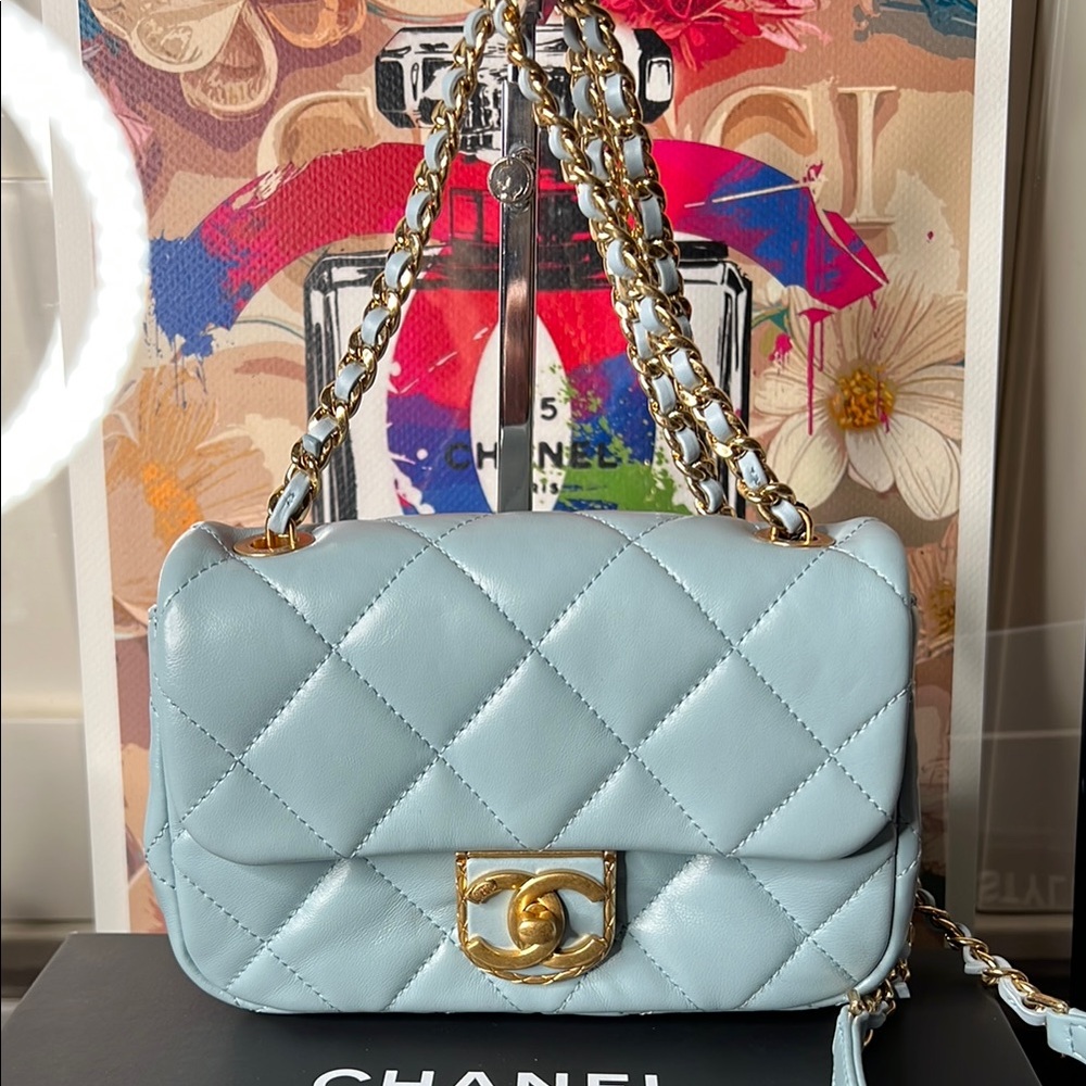 Chanel Blue Quilted Mini Flap Leather Bag Gold Box, Dust Bag NWT